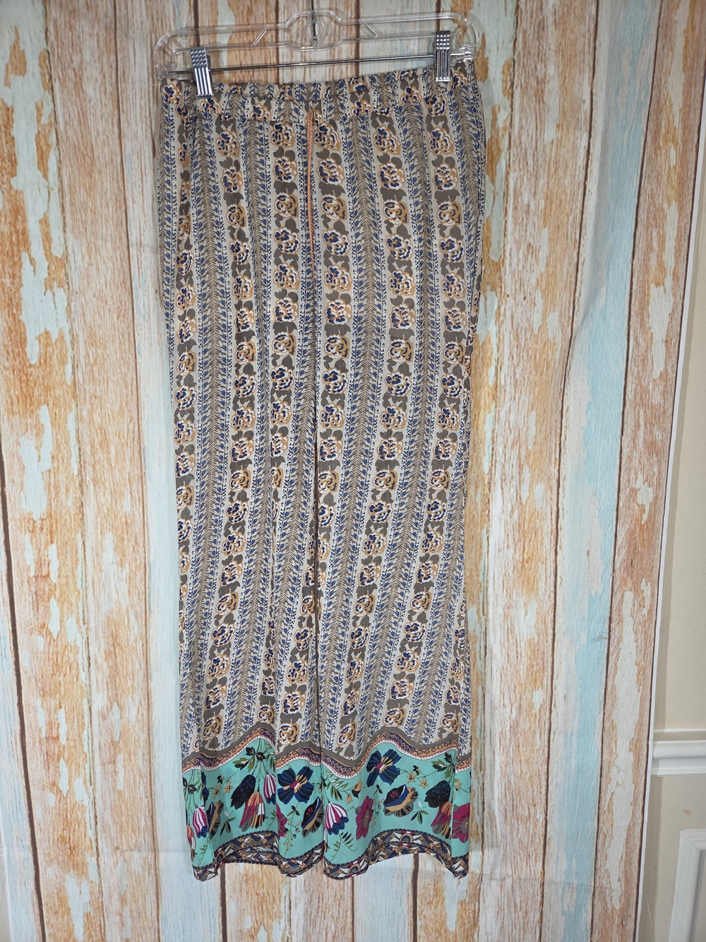 Umgee Striped Sheer Pants with Teal Floral Border. Size Small. Boho Chic